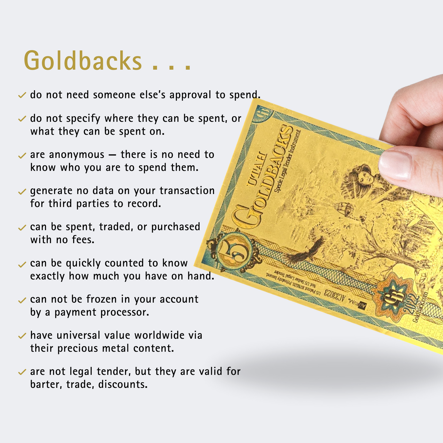 5 Utah Goldback 1/200th TROY OZ 24K Gold-Backed Bill