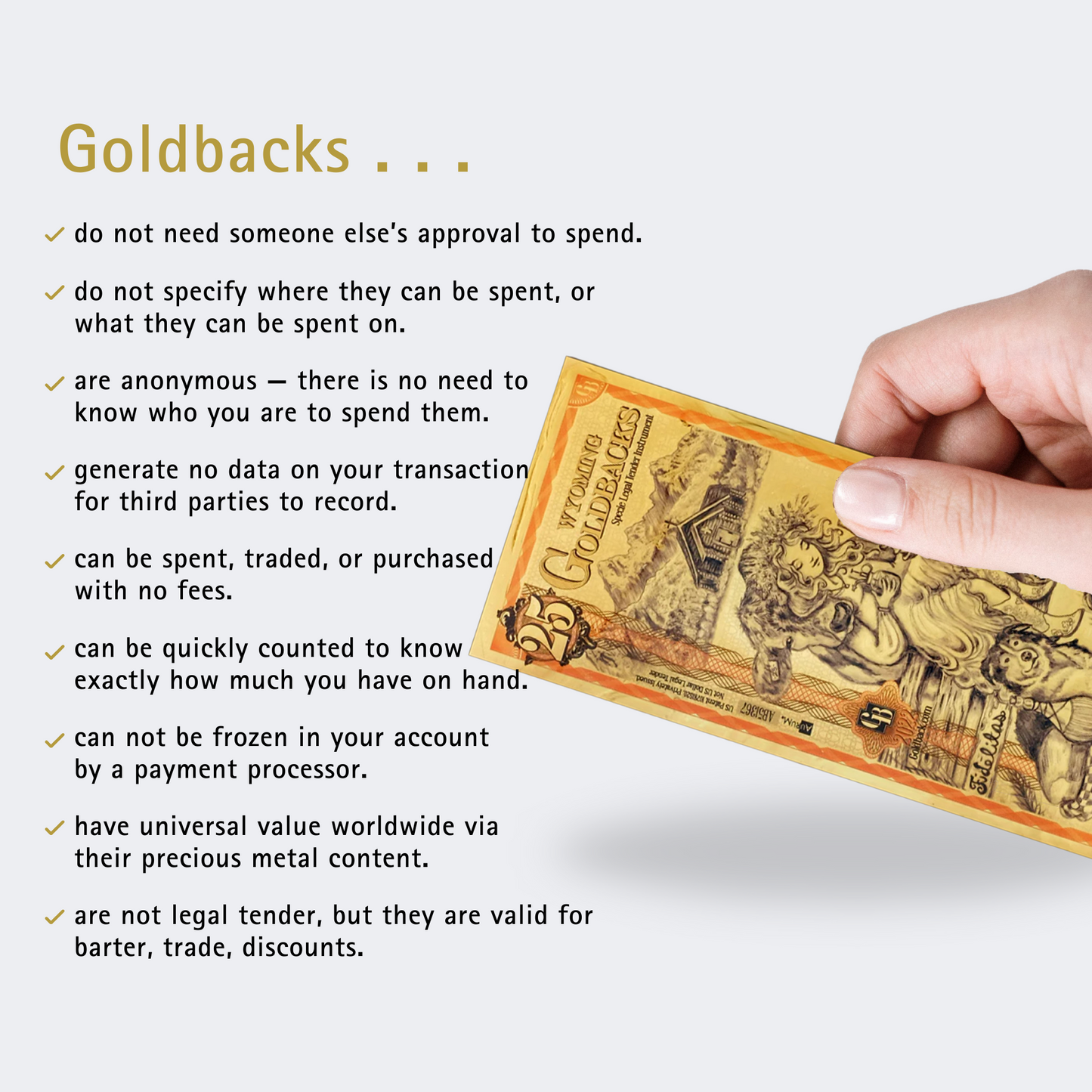 25 Wyoming Goldback 1/40th TROY OZ 24K Gold-Backed Bill