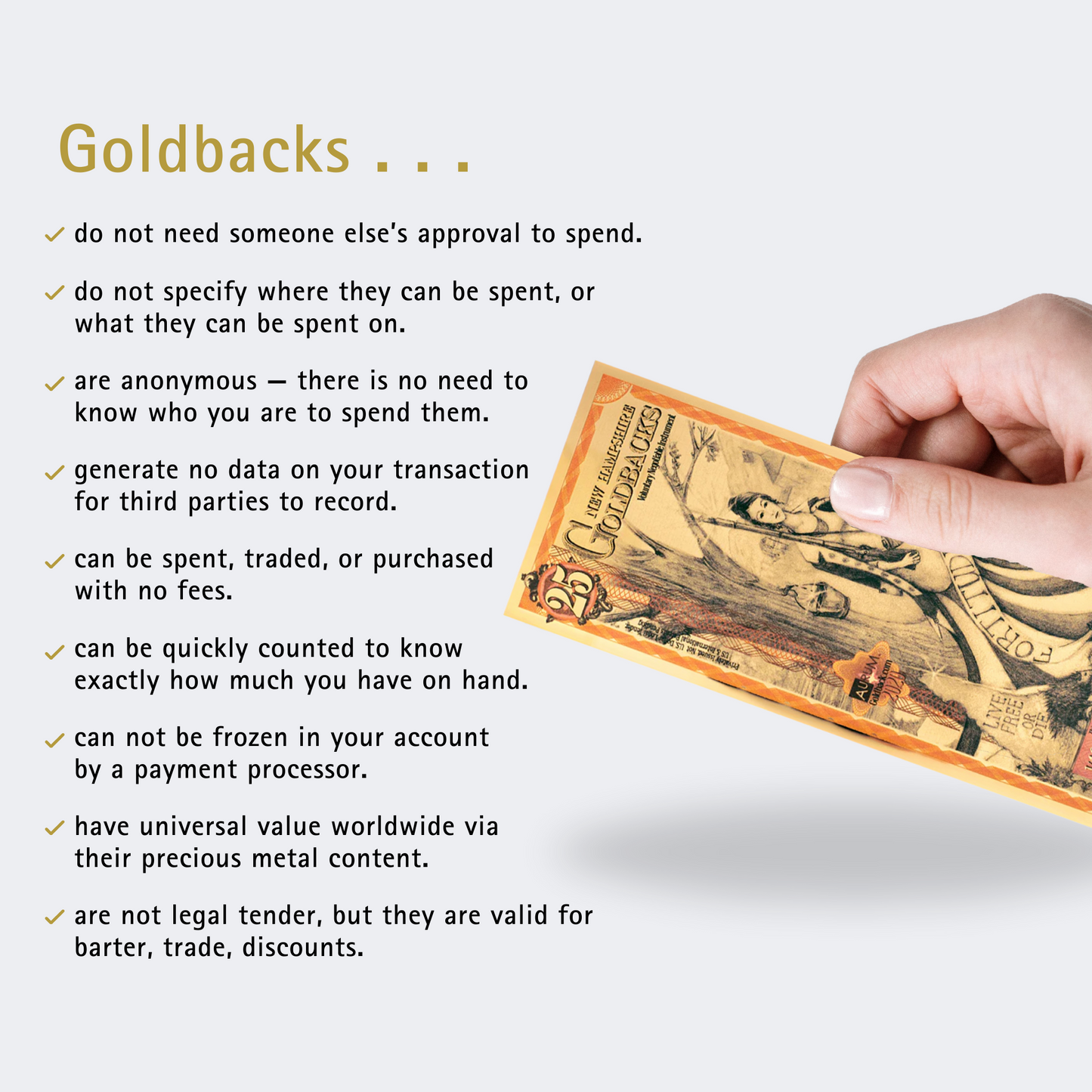 25 New Hampshire Goldback 1/40th TROY OZ 24K Gold-Backed Bill