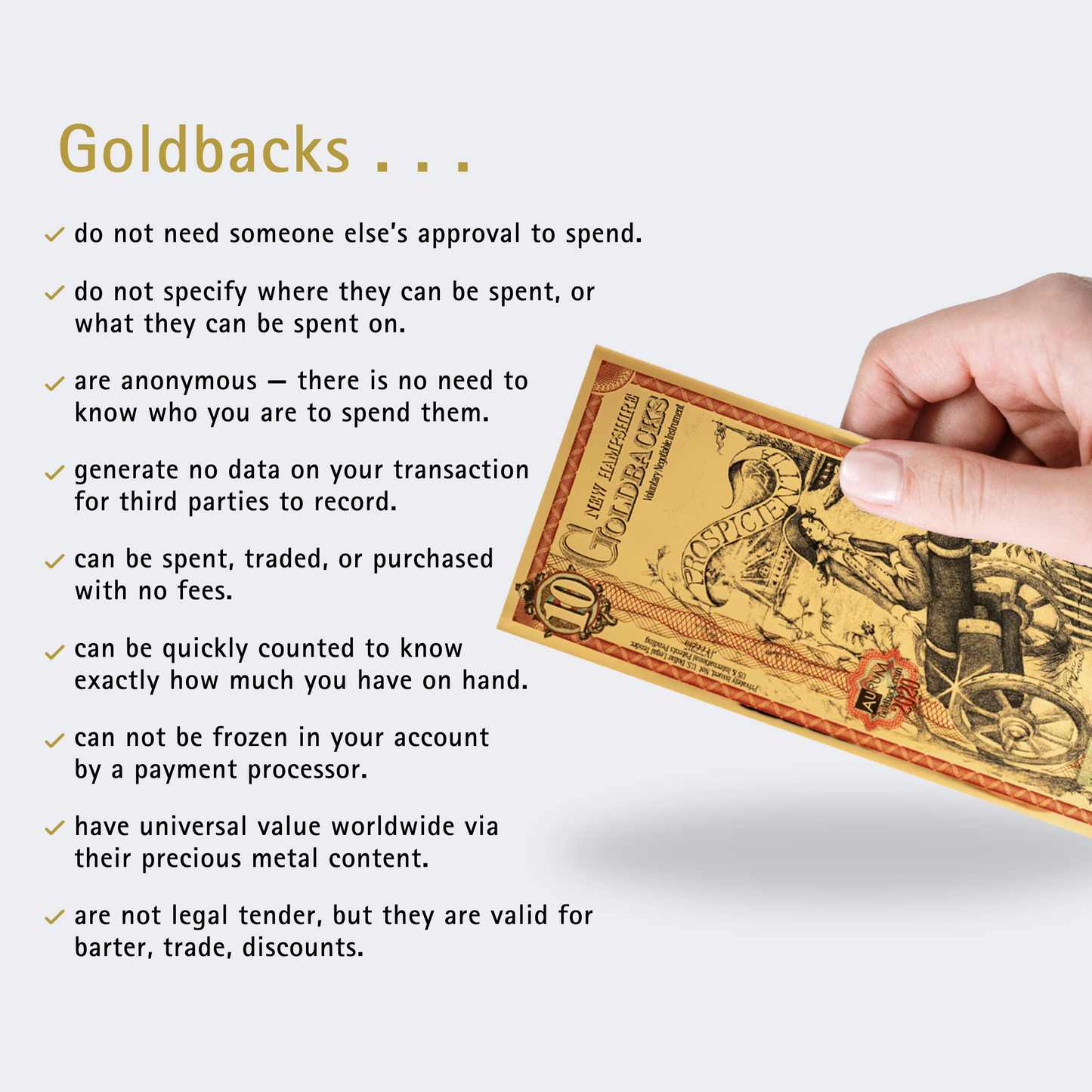 10 New Hampshire Goldback 1/100th TROY OZ 24K Gold-Backed Bill