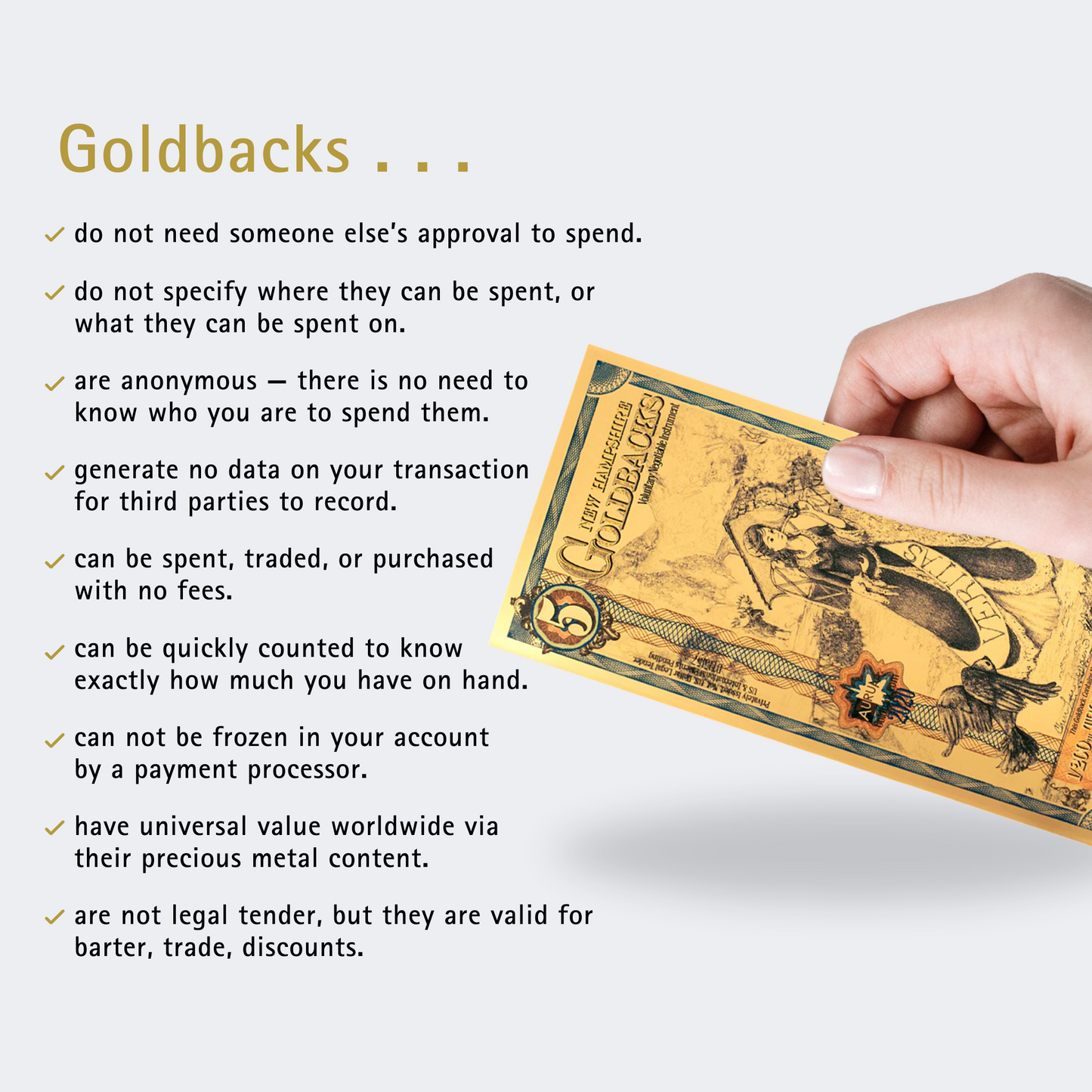 5 New Hampshire Goldback 1/200th TROY OZ 24K Gold-Backed Bill