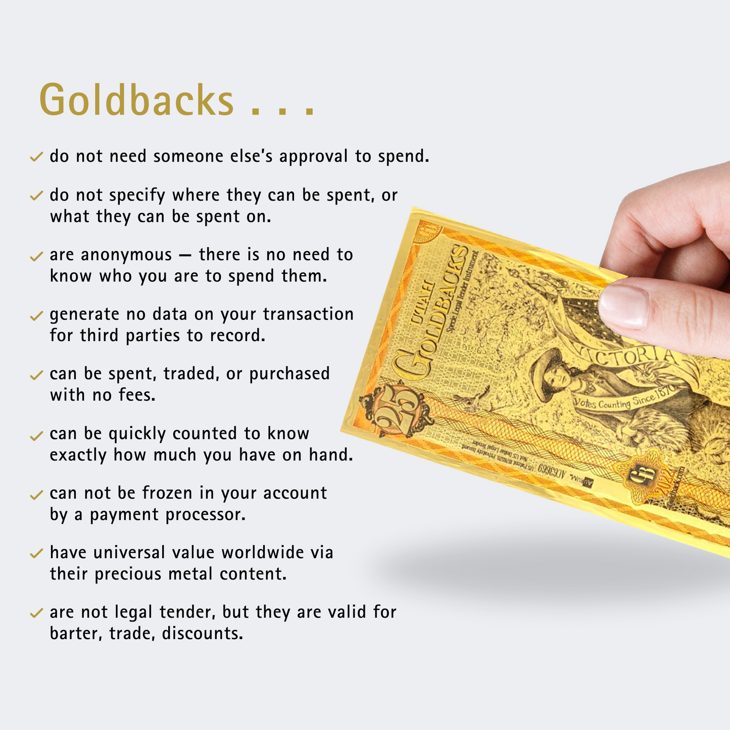 25 Utah Goldback Troy 1/40th TROY OZ Gold-Backed Bill