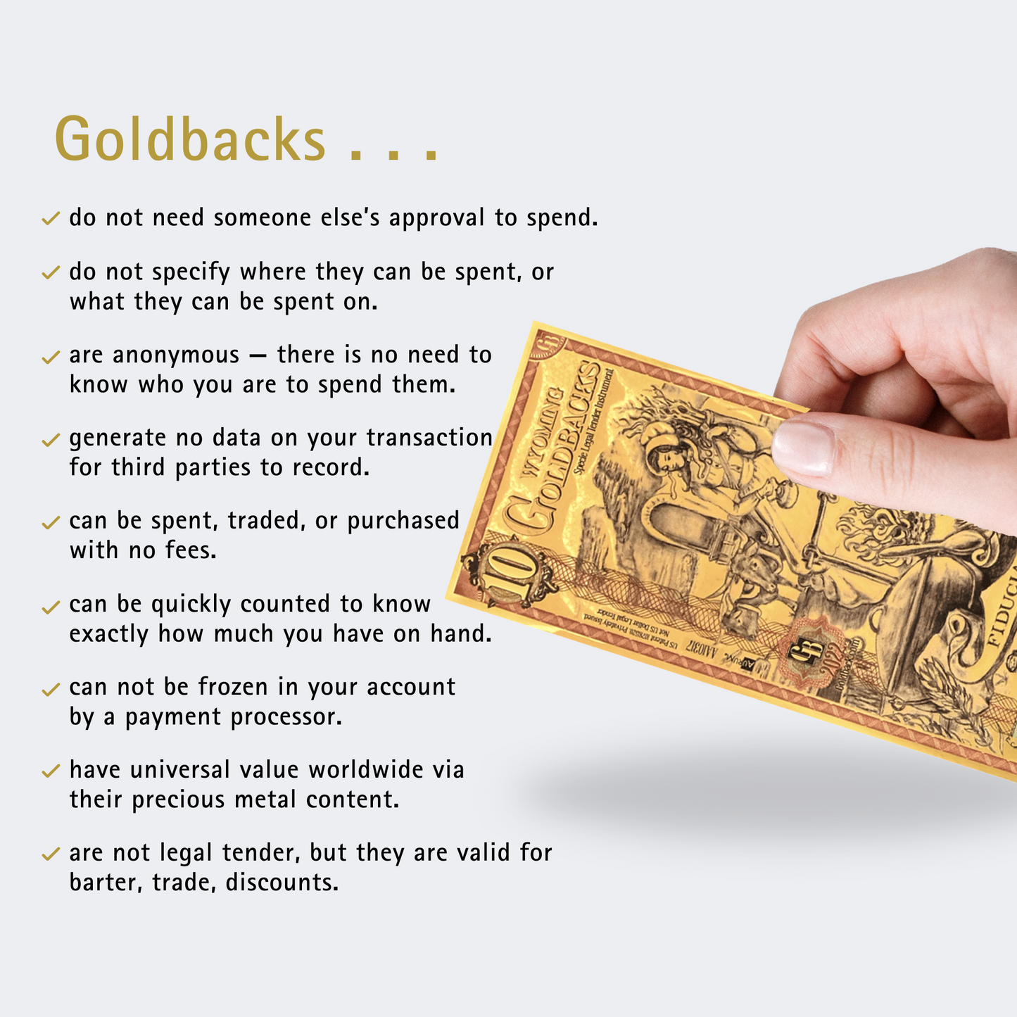 10 Wyoming Goldback 1/100th TROY OZ 24K Gold-Backed Bill