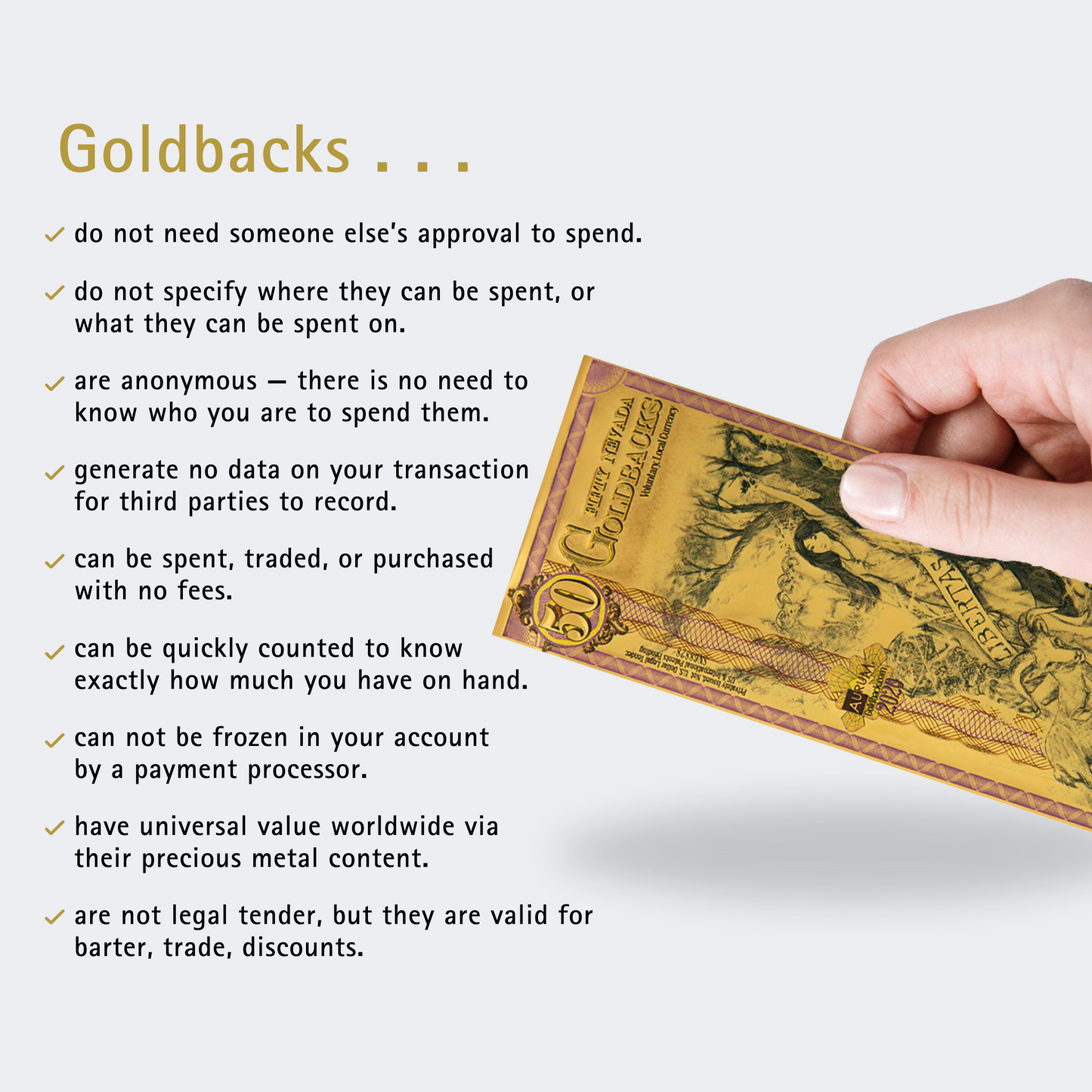 50 Nevada Goldback 1/20th TROY OZ 24K Gold-Backed Bill
