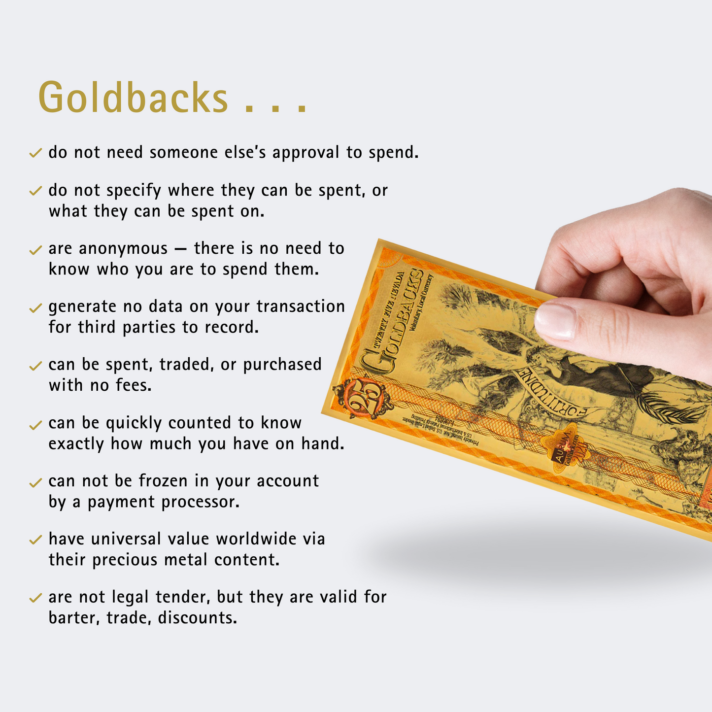 25 Nevada Goldback 1/40th TROY OZ Gold-Backed Bill