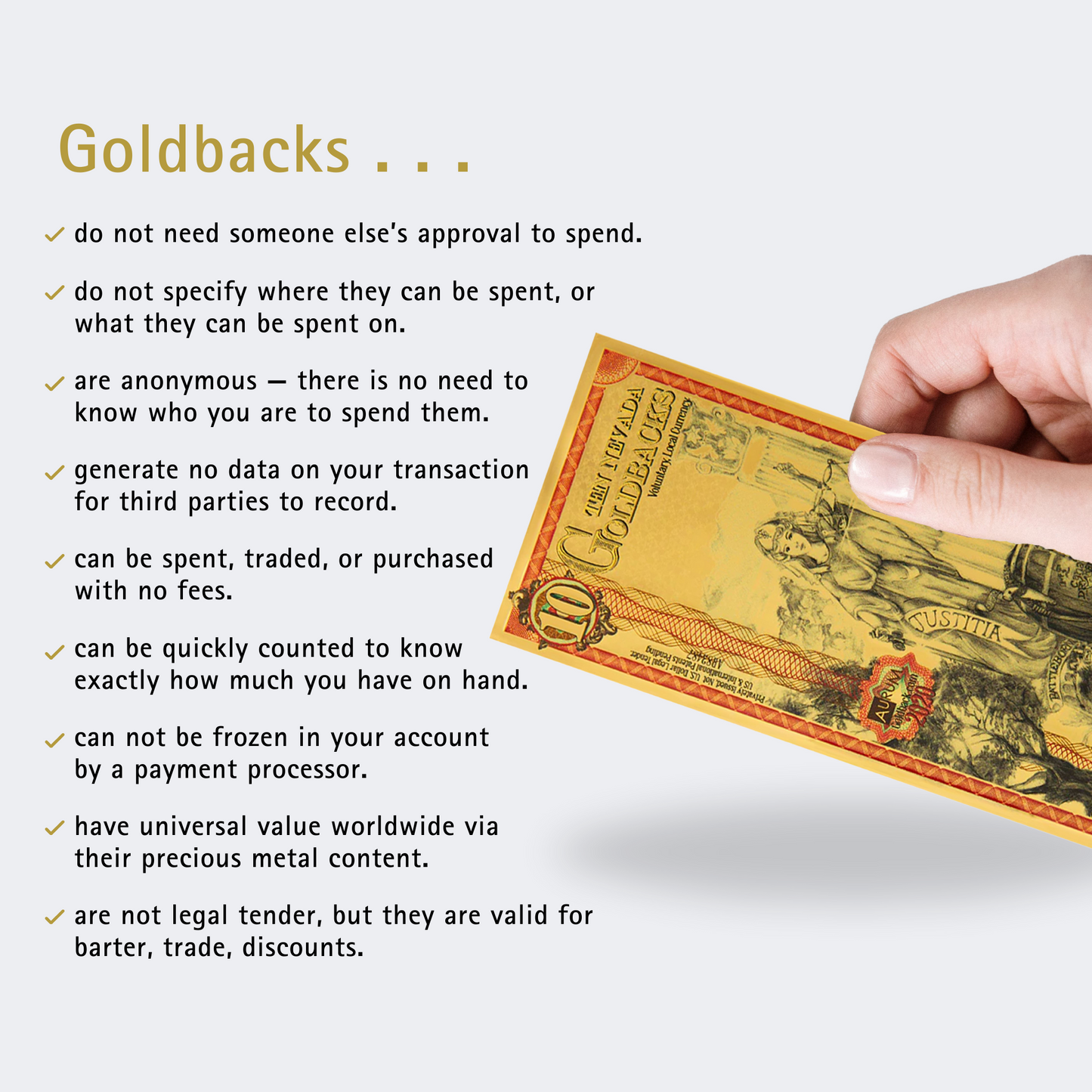 10 Florida Goldback 1/100th TROY OZ 24K Gold-Backed Bill