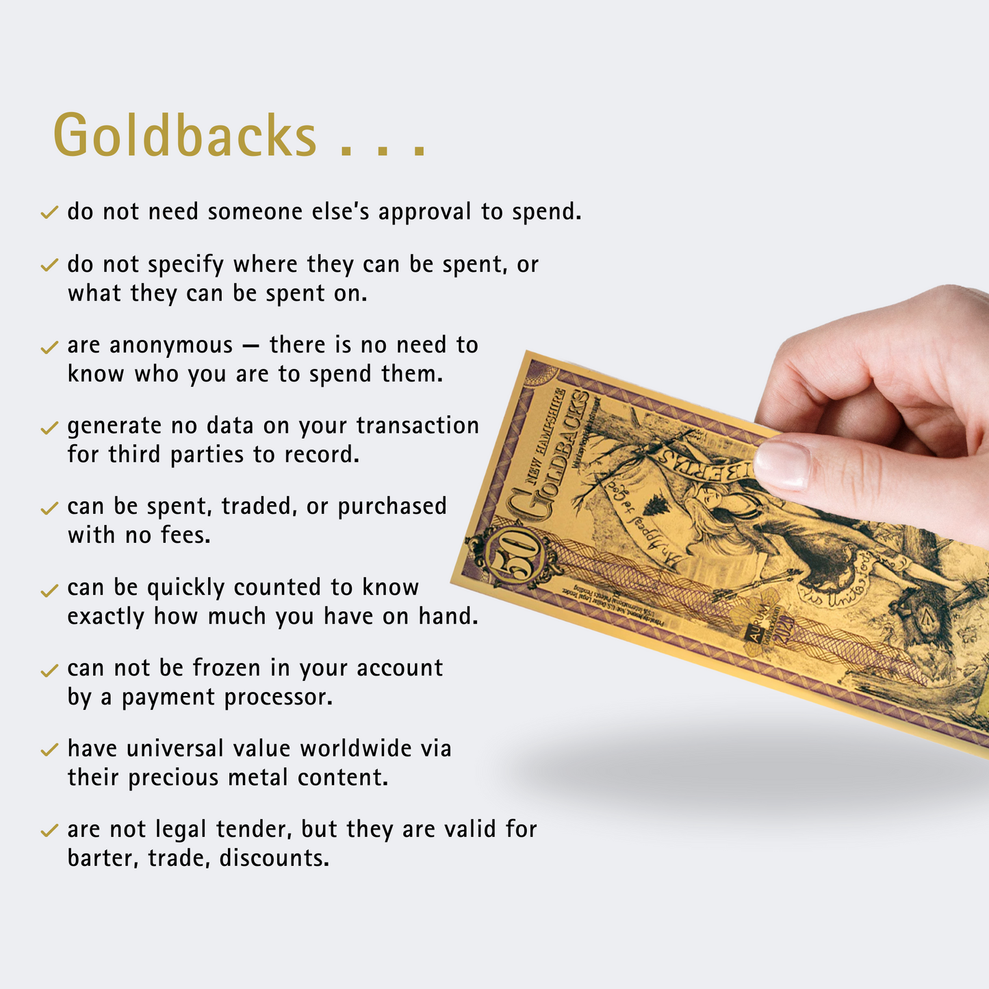 50 New Hampshire Goldback 1/20th TROY OZ 24K Gold-Backed Bill