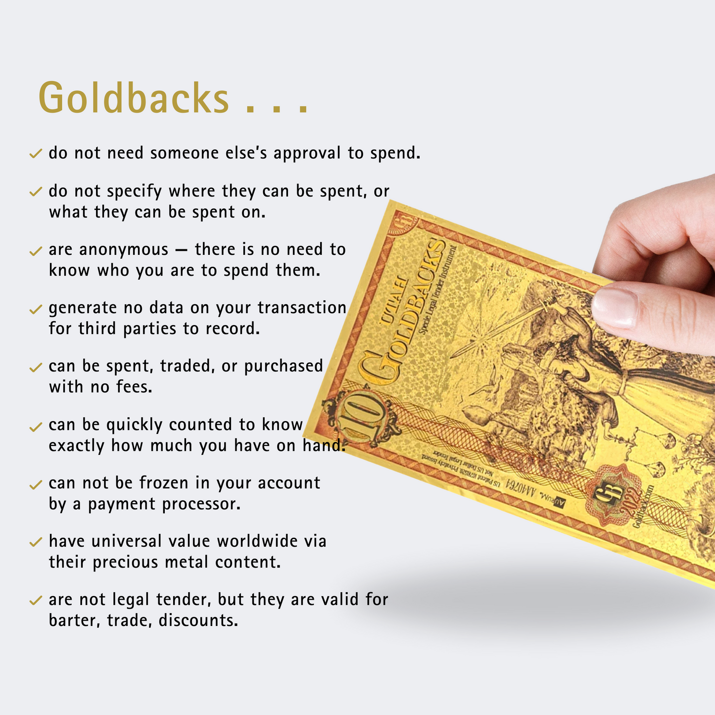 10 Utah Goldback 1/100th TROY OZ 24K Gold-Backed Bill
