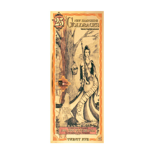 25 New Hampshire Goldback 1/40th TROY OZ 24K Gold-Backed Bill