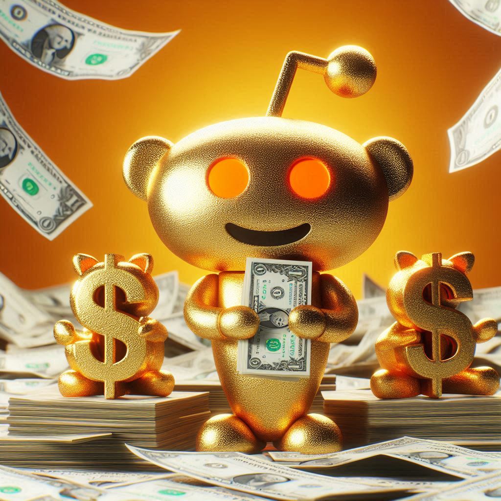 A character resembling the Reddit logo surrounded by gold and money