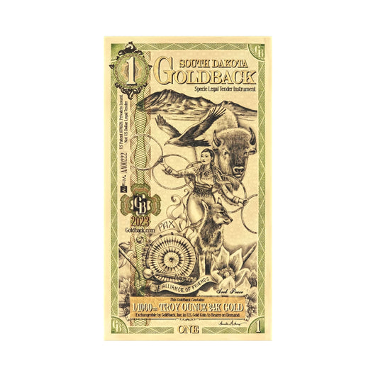 1 South Dakota Goldback 1/1000th TROY OZ 24K Gold-Backed Bill